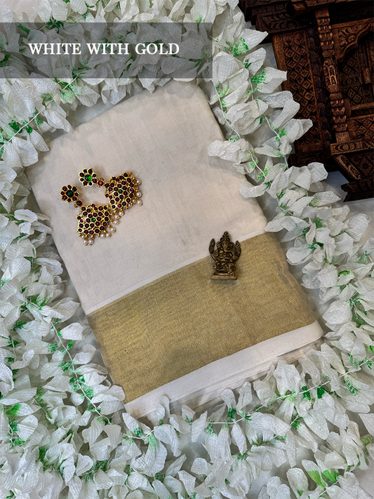 White with gold border-Cotton Dance Practice Saree  - Made specifically for Indian classical dancers