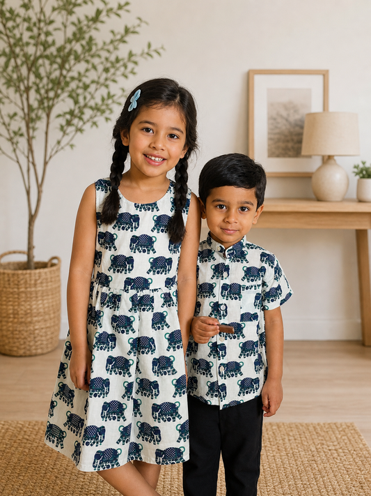 Darshan - Elephant Motif Cotton Button Down Shirt for Boys
