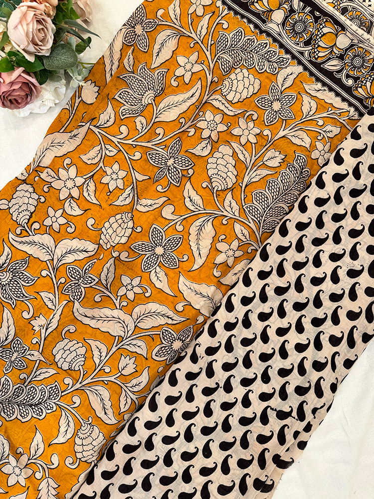 Yellow Kalamkari printed cotton Saree