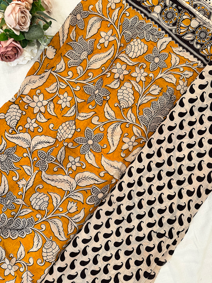 Yellow Kalamkari printed cotton Saree