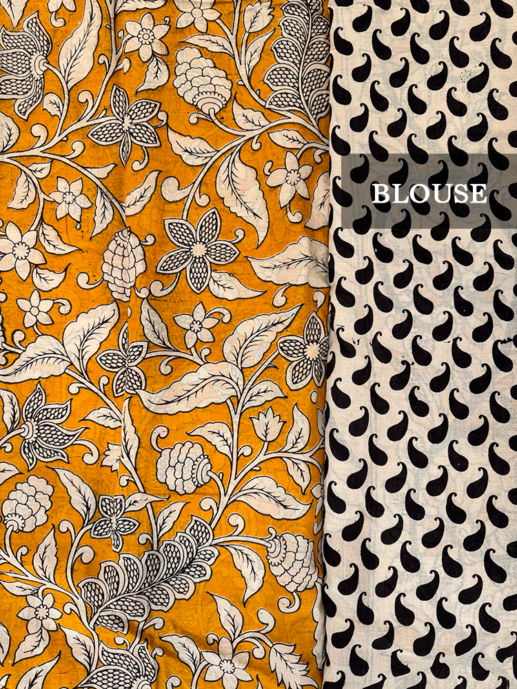 Yellow Kalamkari printed cotton Saree