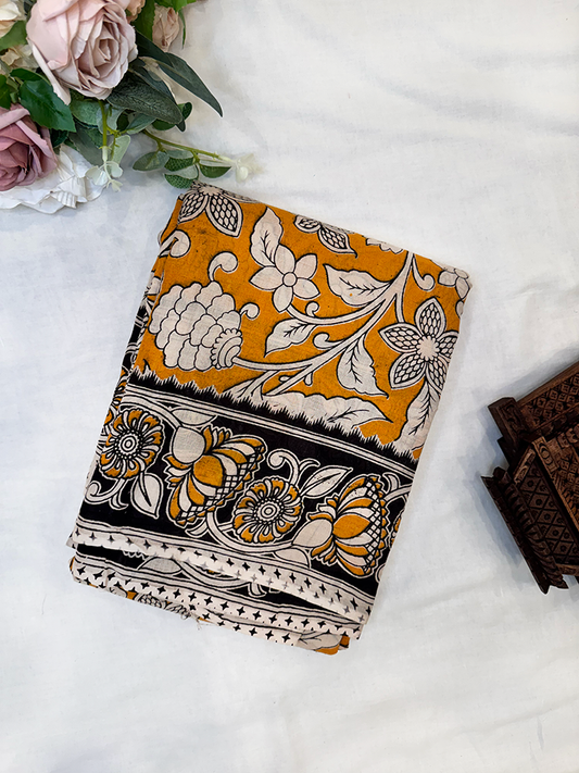 Yellow Kalamkari printed cotton Saree