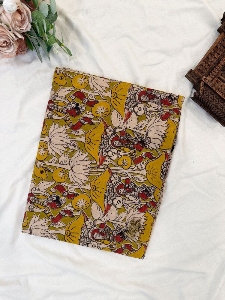 Kalamkari cotton sarees yellow with green and blue allover prints and printed border