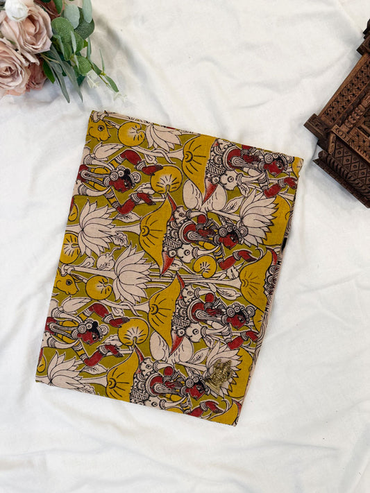 Kalamkari cotton sarees yellow with green and blue allover prints and printed border