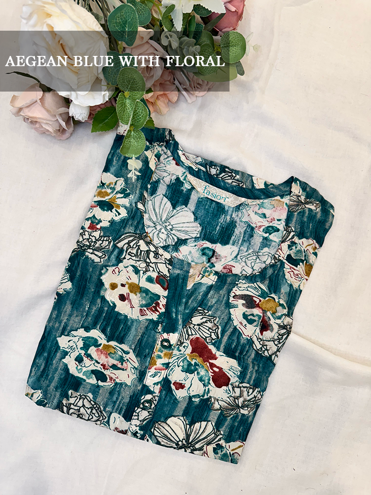 Floral-patterned kurti with in aegean blue on a white background