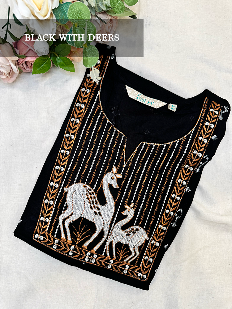 Black kurti top with deer embroidery on a white background
