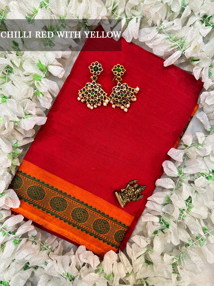 Chili red cotton dance practice saree with green and orange border for Bharatanatyam, Kuchipudi and Odissi performance