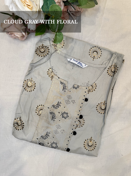 Cloud gray kurti with floral embroidery on a light background