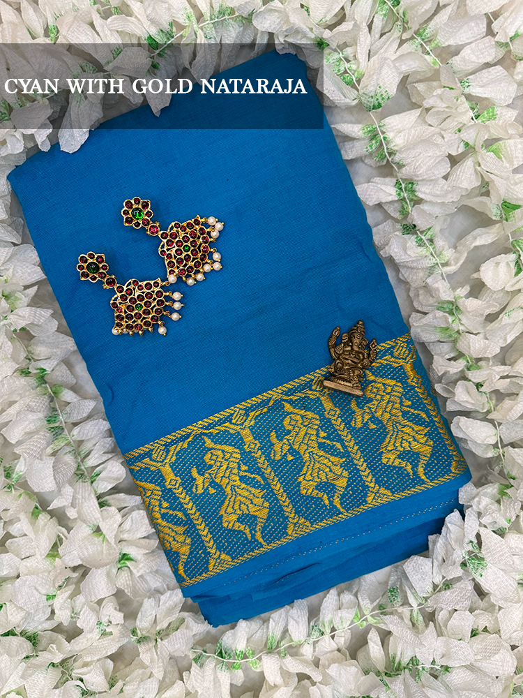 Cyan cotton dance practice saree with gold nataraja border for Bharatanatyam, Kuchipudi and Odissi performance