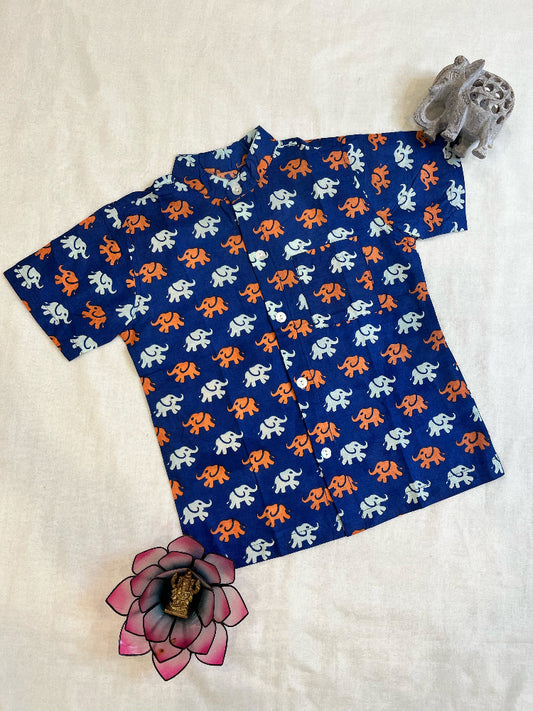 blue animal print cotton boys button down shirt