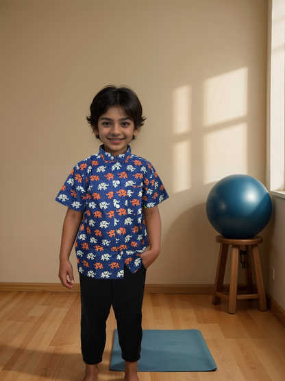 blue cotton animal print boys button down shirt