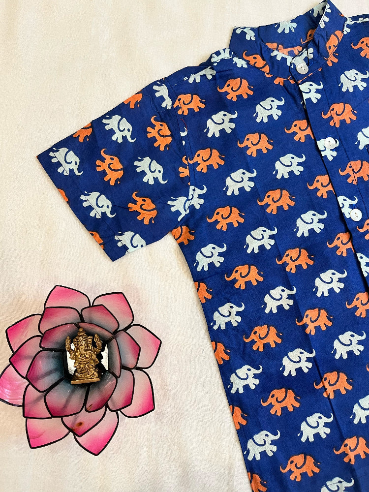 blue animal print cotton boys button down shirt