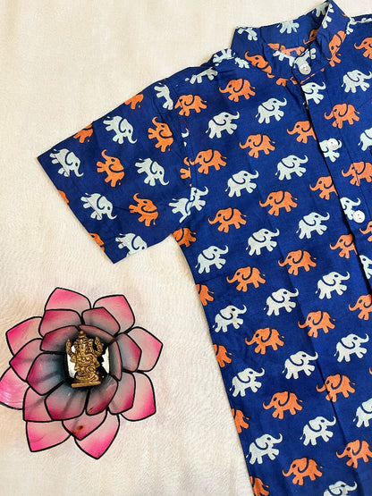 blue animal print cotton boys button down shirt