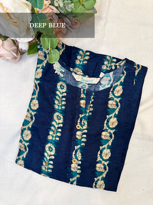 Navy blue kurti with gold embroidery on a white background
