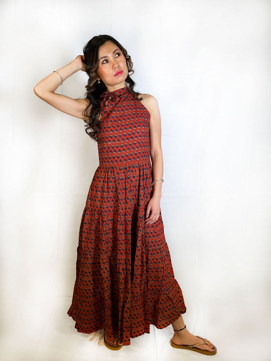 cotton hand block printed tiered dress for women