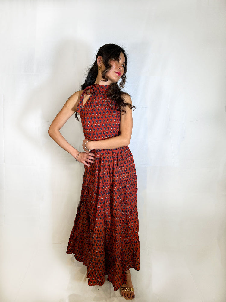 cotton hand block printed tiered dress for women