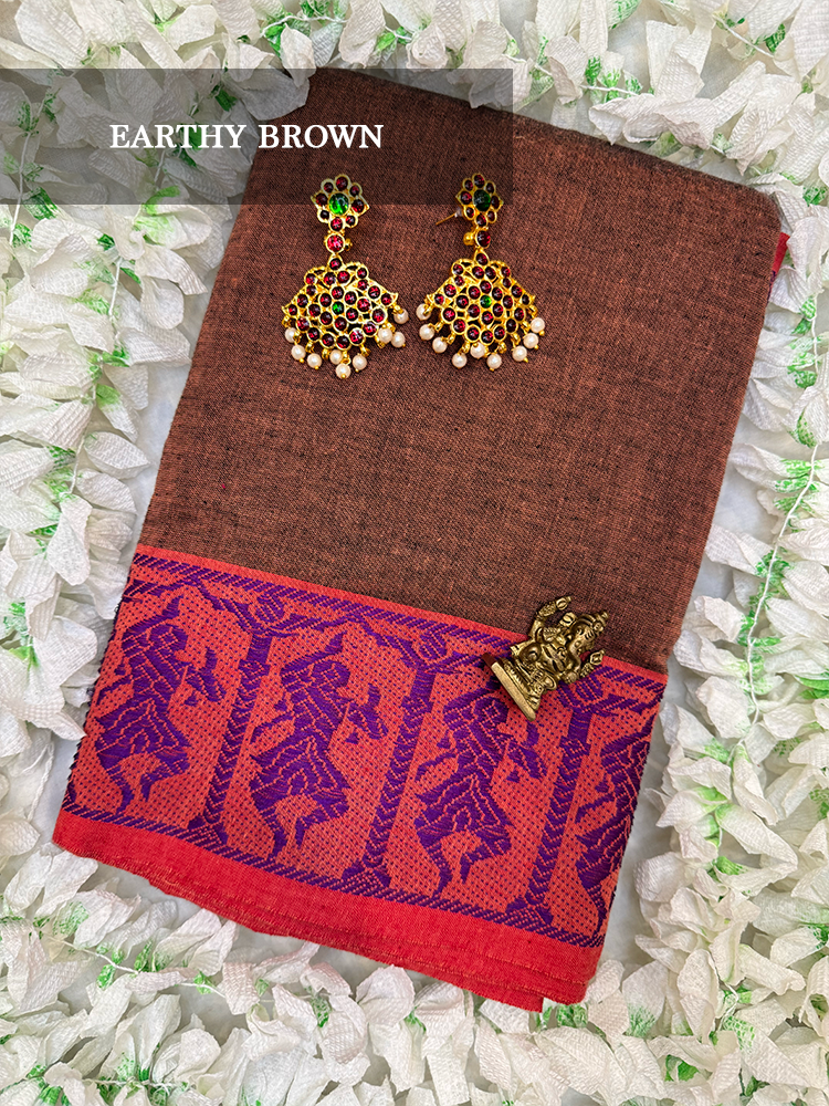 Brown cotton dance practice saree with purple nataraja border for Bharatanatyam, Kuchipudi and Odissi performance