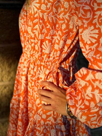 Cotton floral knee length dress for women