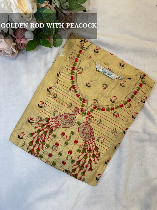 Embroidered kurti with peacock design on a white background