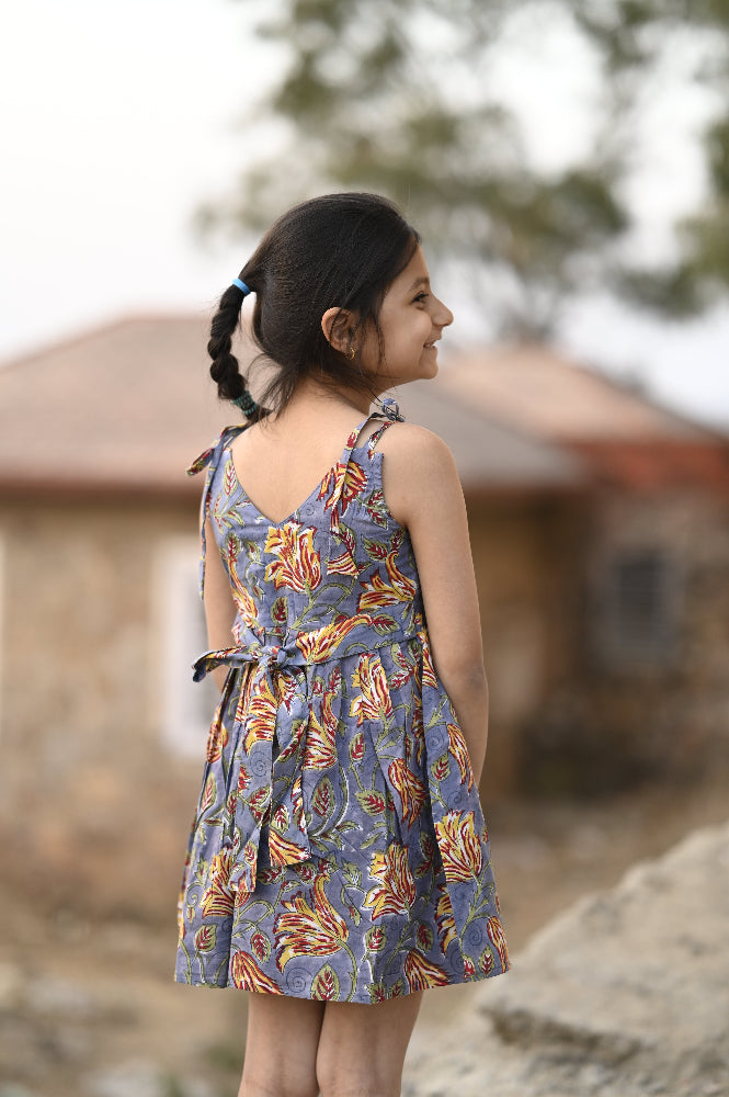 Cotton floral hand block printed dress for girls