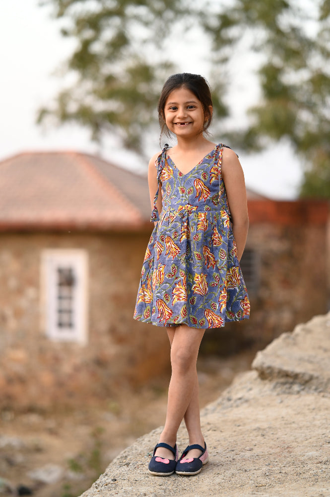 Cotton floral hand block printed dress for girls