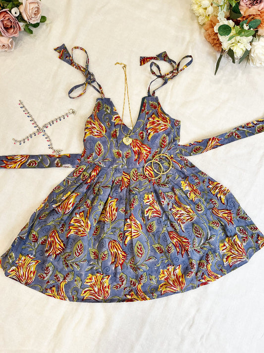 Cotton floral hand block printed dress for girls