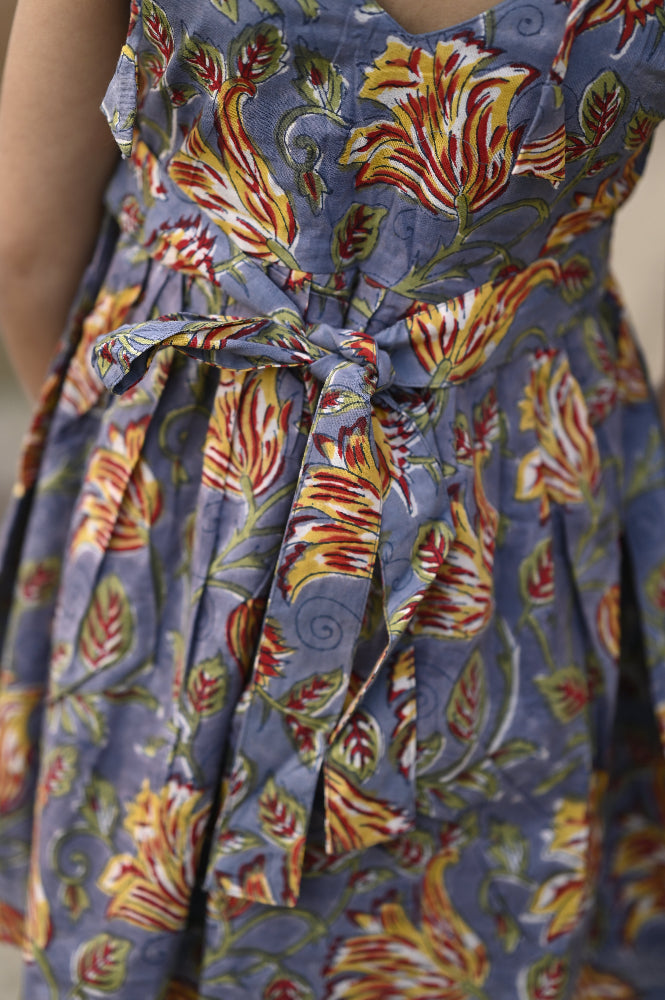 Cotton floral hand block printed dress for girls