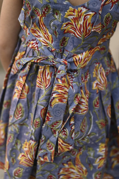 Cotton floral hand block printed dress for girls