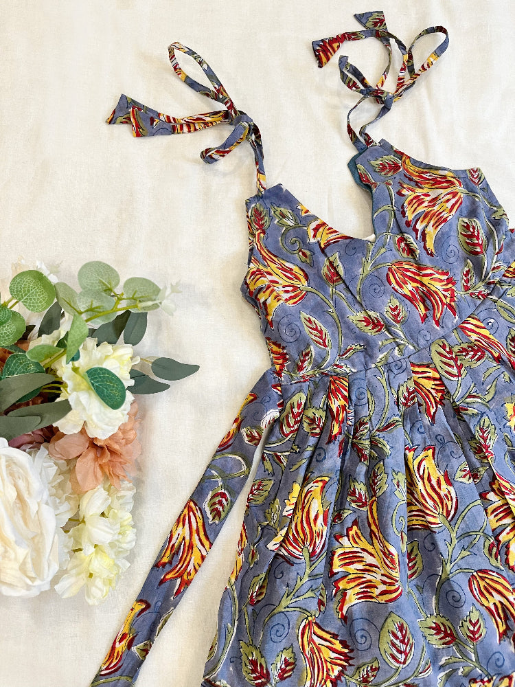 Cotton floral hand block printed dress for girls