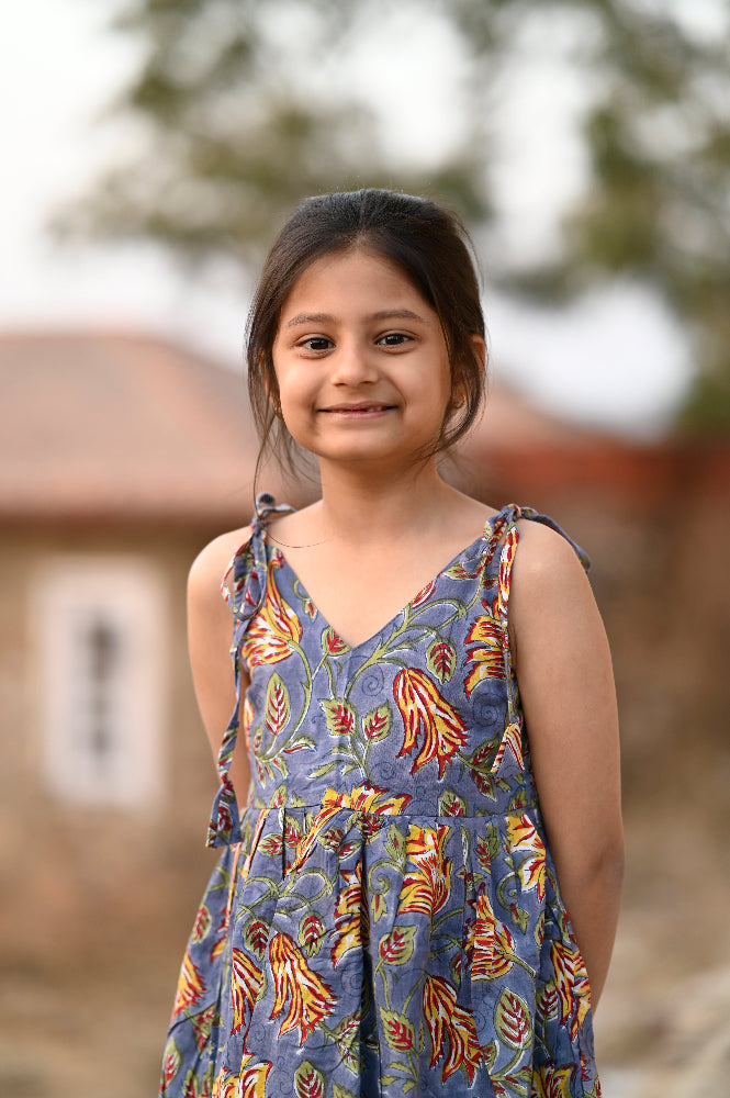 Cotton floral hand block printed dress for girls
