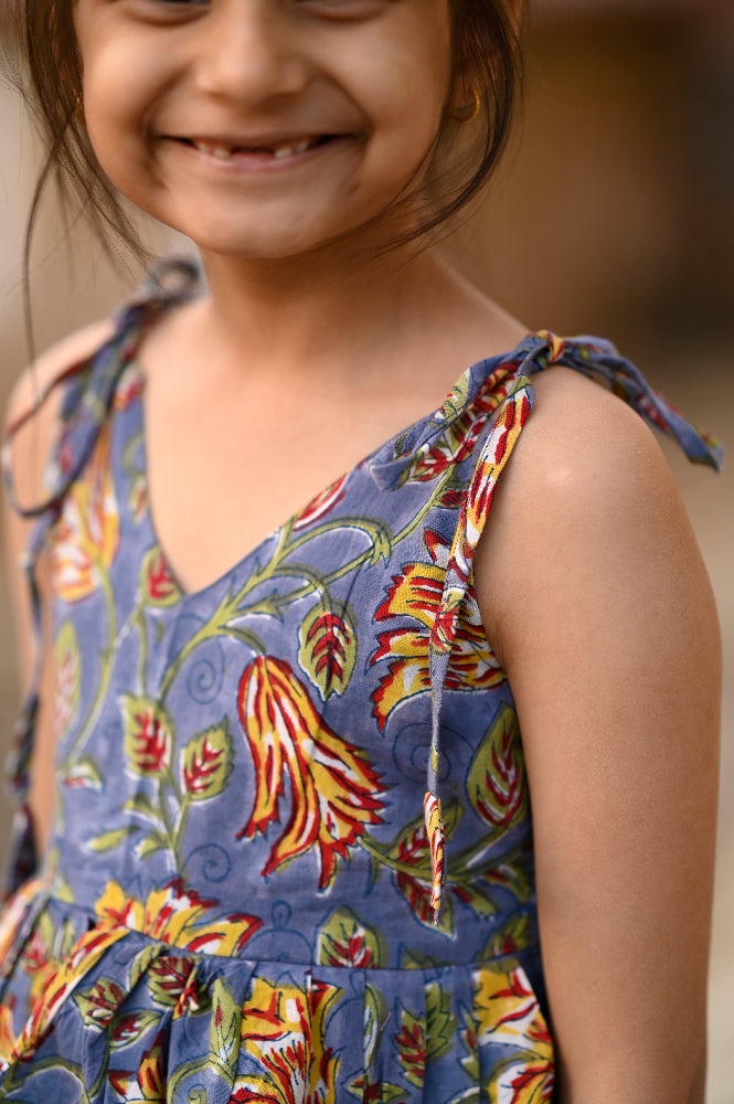Cotton floral hand block printed dress for girls
