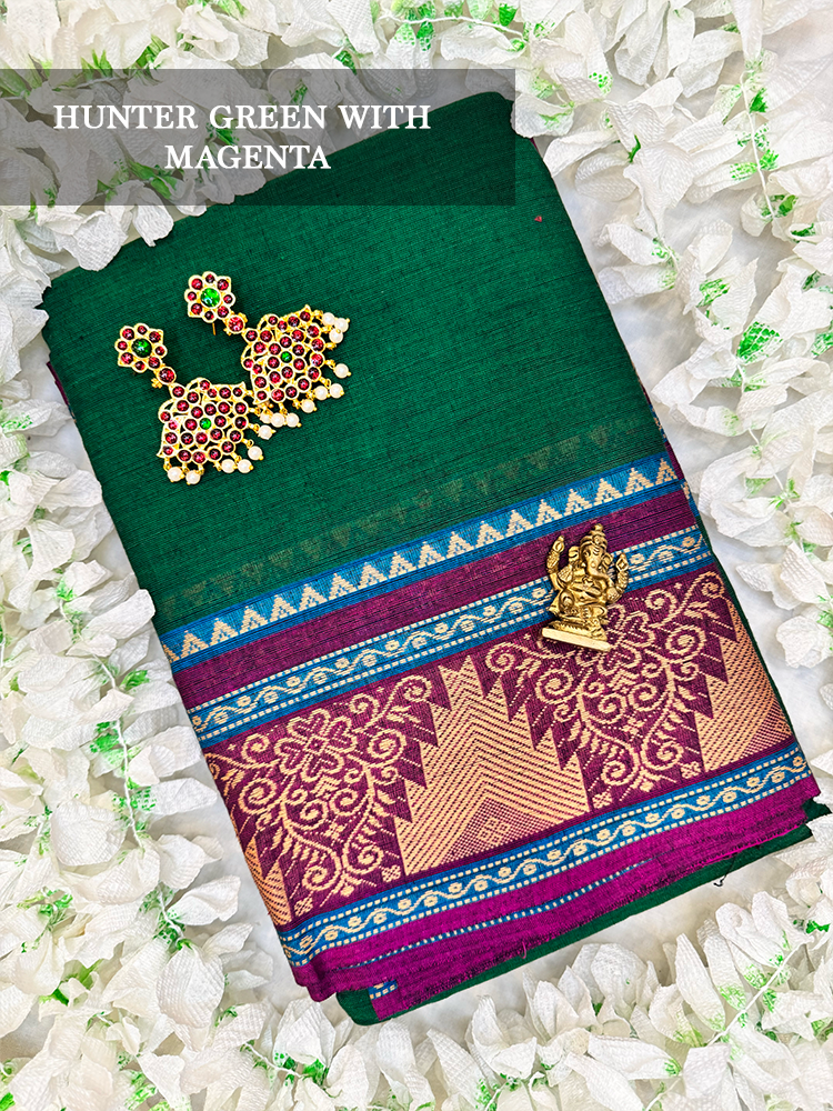 Hunter green cotton dance practice saree with gold and pink border for Bharatanatyam, Kuchipudi and Odissi performance