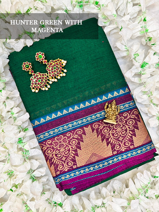 Hunter green cotton dance practice saree with gold and pink border for Bharatanatyam, Kuchipudi and Odissi performance