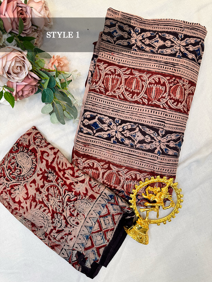 Kalamkari dance sarees with unstitched blouse piece-Cotton Dance Practice Saree  - Made specifically for Indian classical dancers, Bharatanatyam saree, Odissi saree, Kuchipudi saree