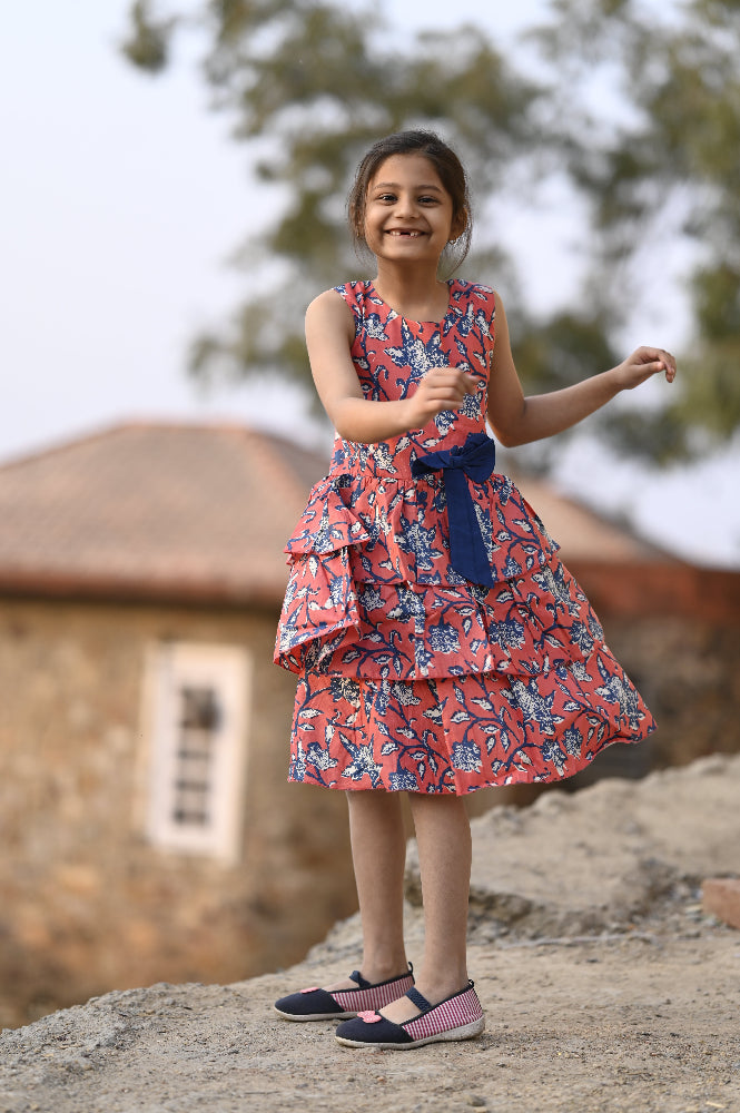 Floral cotton tiered dress for girls
