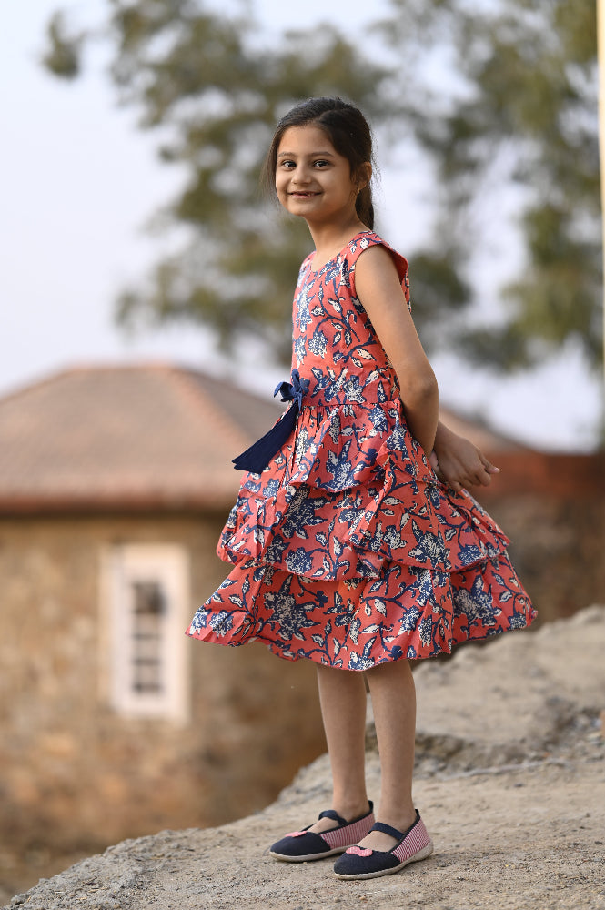 Floral cotton tiered dress for girls