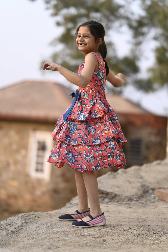 Floral cotton tiered dress for girls
