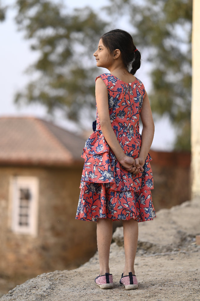 Floral cotton tiered dress for girls