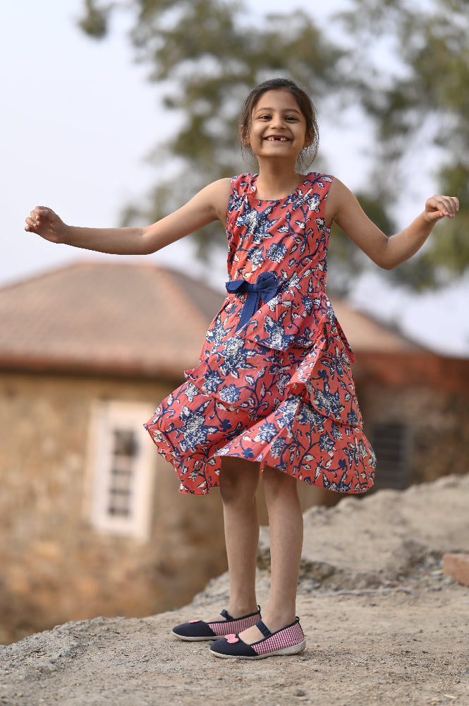 Floral cotton tiered dress for girls