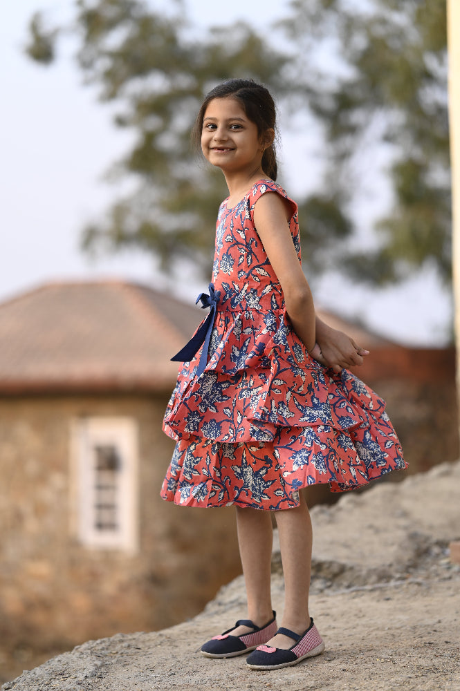 Floral cotton tiered dress for girls