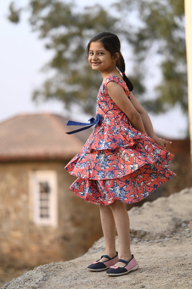 Floral cotton tiered dress for girls