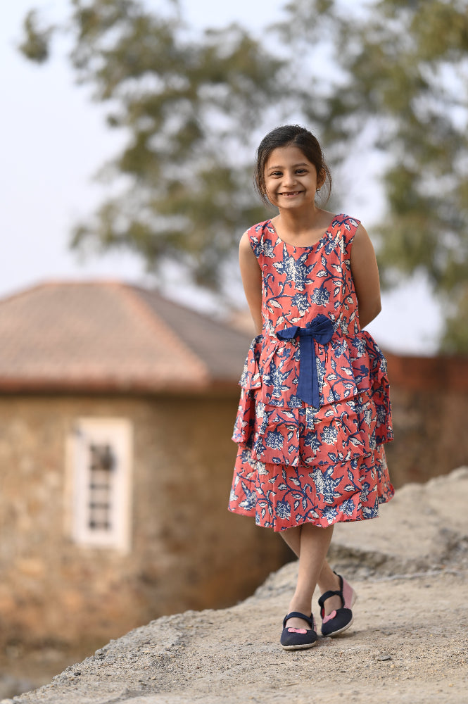 Floral cotton tiered dress for girls