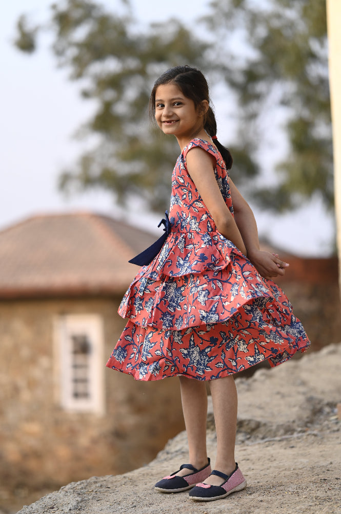 Floral cotton tiered dress for girls