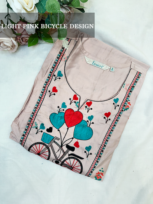 Light pink kurti with bicycle and heart design on a white background