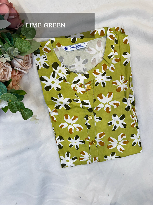 Lime Green Floral Printed Rayon Kurti I Solid Indian Tunic Top I Women's Formal Wear