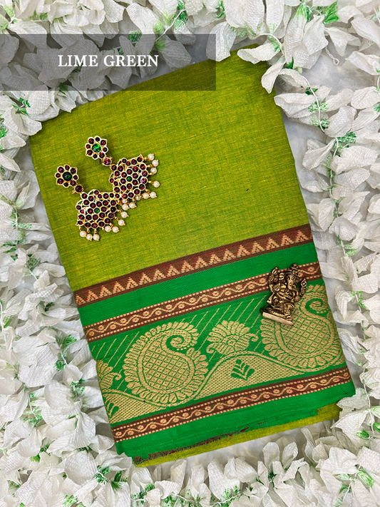 Lime green cotton dance practice saree with gold decorative border for Bharatanatyam, Kuchipudi and Odissi performance
