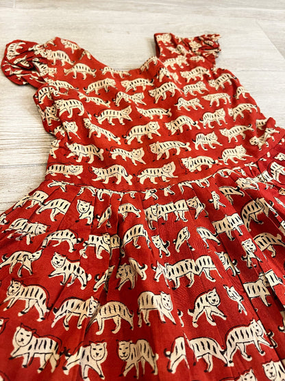 Cotton hand block printed cat dress for girls