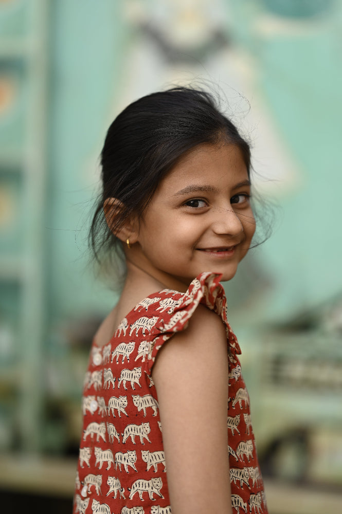 Cotton hand block printed cat dress for girls