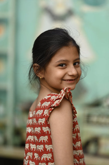 Cotton hand block printed cat dress for girls