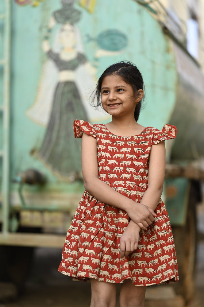 Cotton hand block printed cat dress for girls